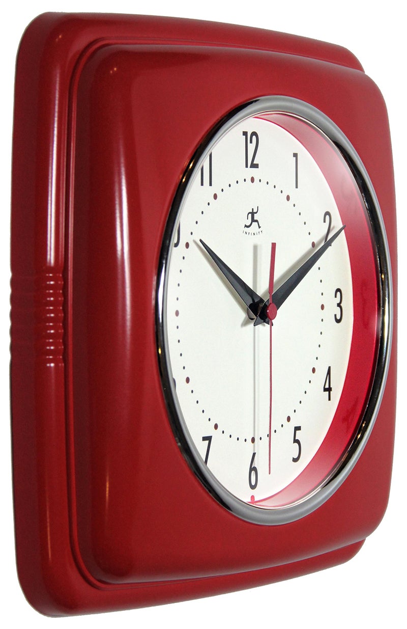 Infinity Instruments Square Silent Retro 9 inch Mid Century Modern Kitchen Diner Retro Wall Clock Quartz Sweep Movement (Red) - Image 2